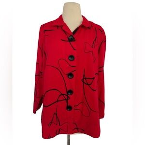 John Mark Button Up Shirt Womens Small Red Black Abstract Print Long Sleeve Top